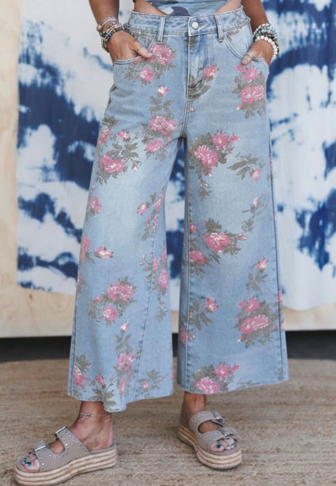 Pink floral wide leg jeans
