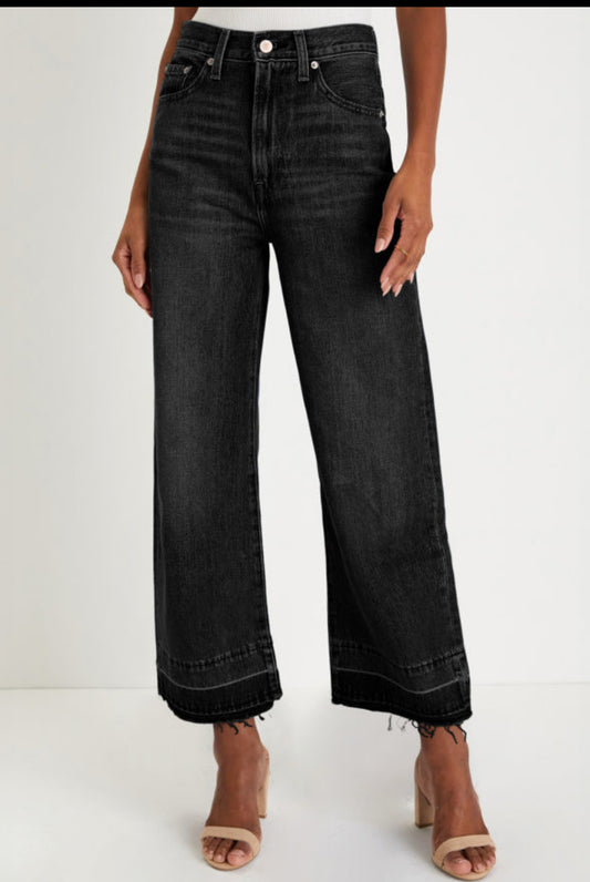 Black wide leg denim raw hem