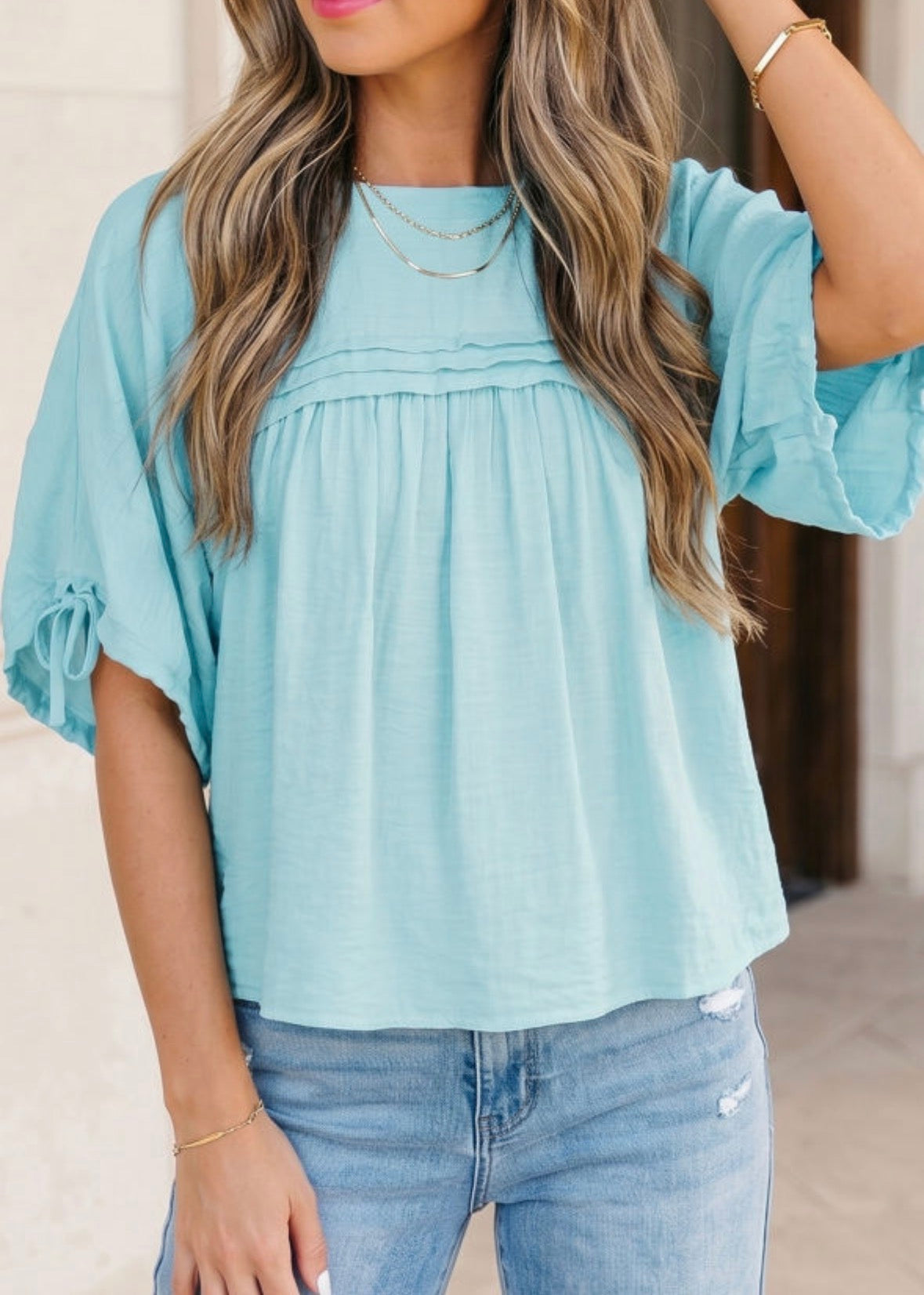Turquoise gathered 3/4 sleeve