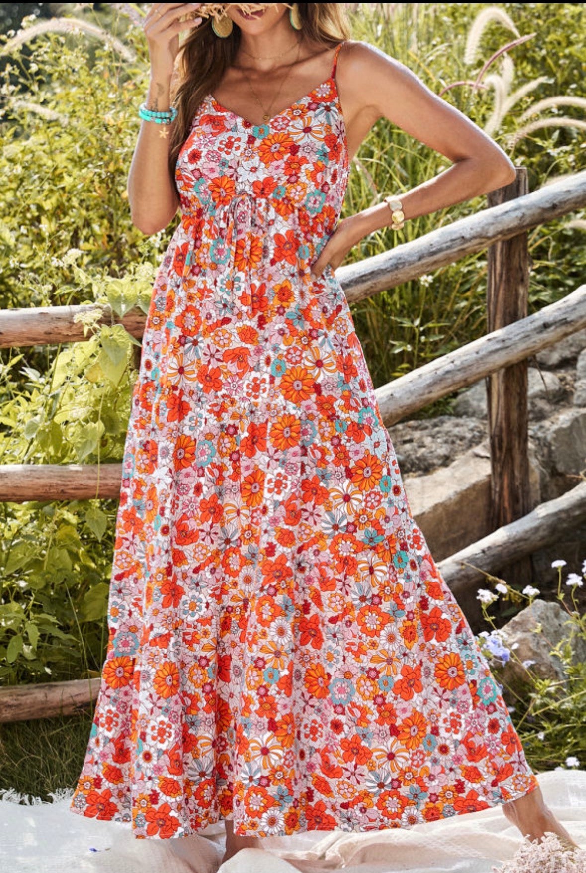 Orange floral elastic top dress