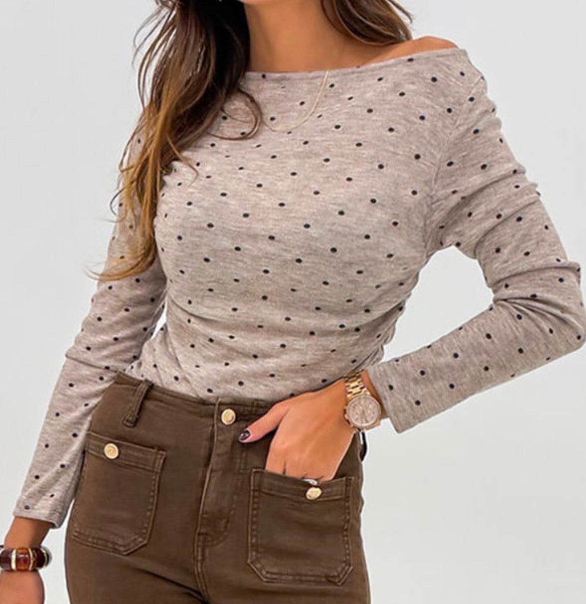 Taupe polka dot long sleeve