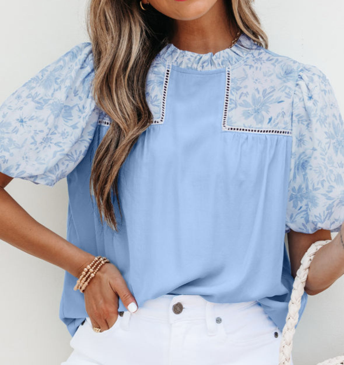 Blue with floral puffy sleeve