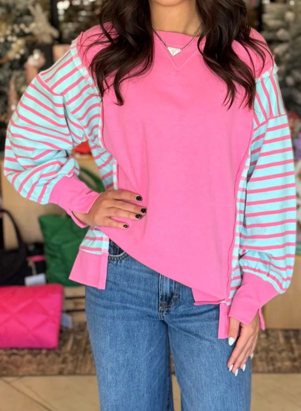 Pink/mint stripe split hem