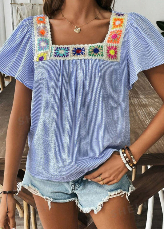 Blue vertical stripe w crochet neck