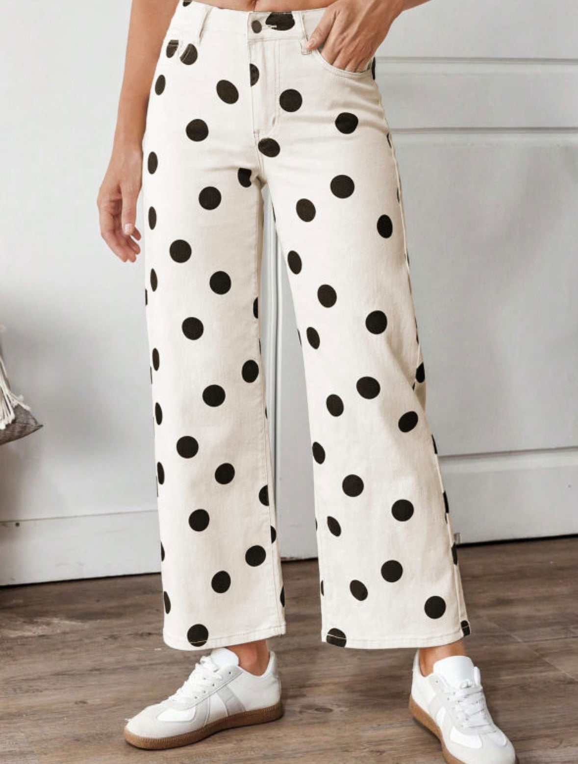 White jeans black polka dots