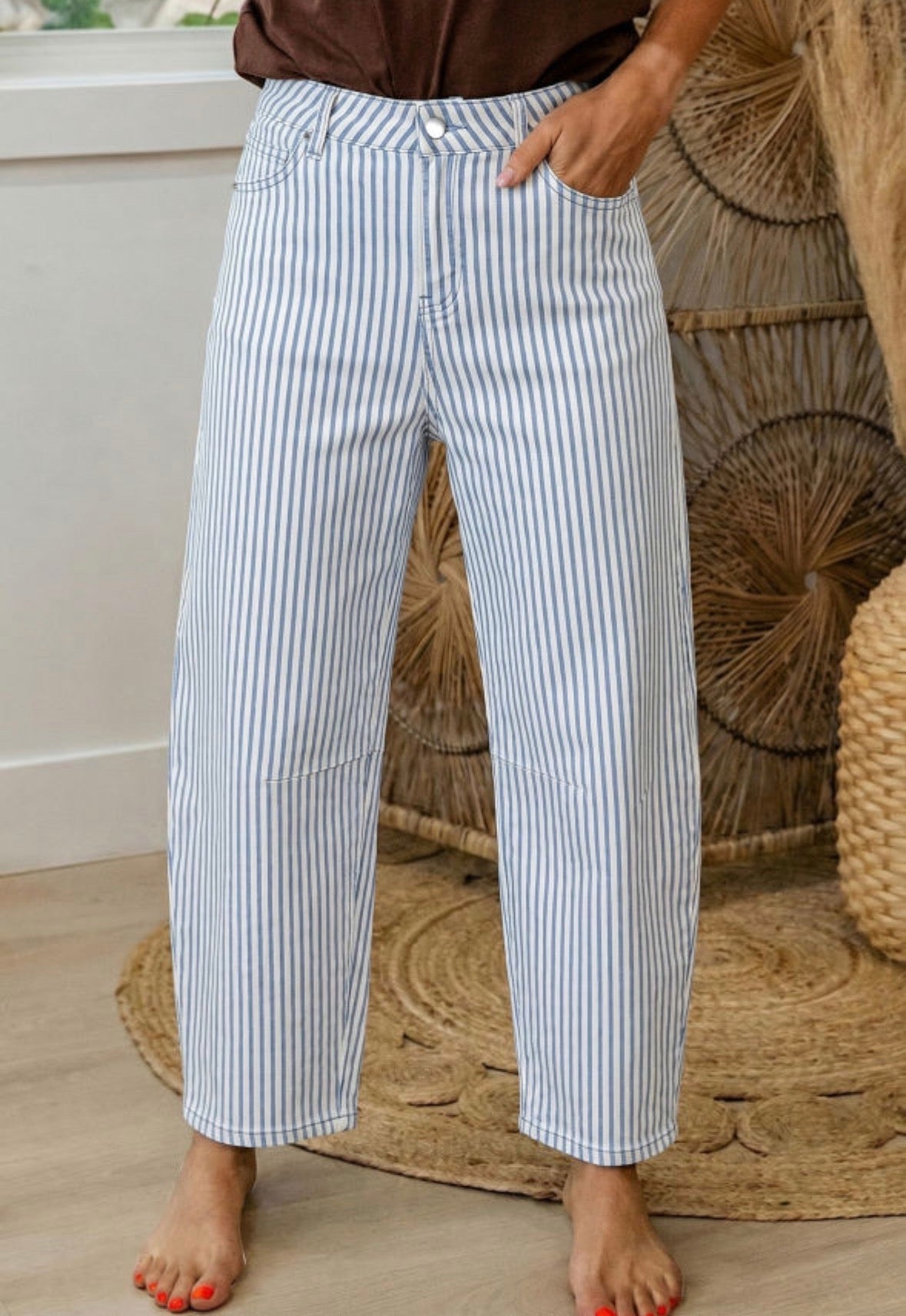 Blue stripe barrel jeans