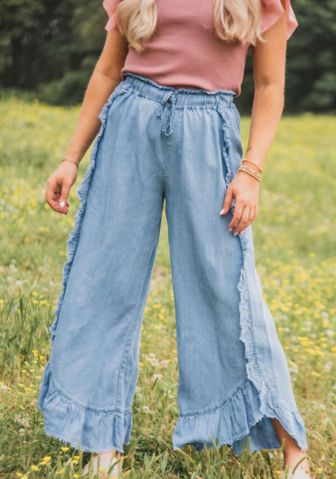Side ruffle denim wide leg