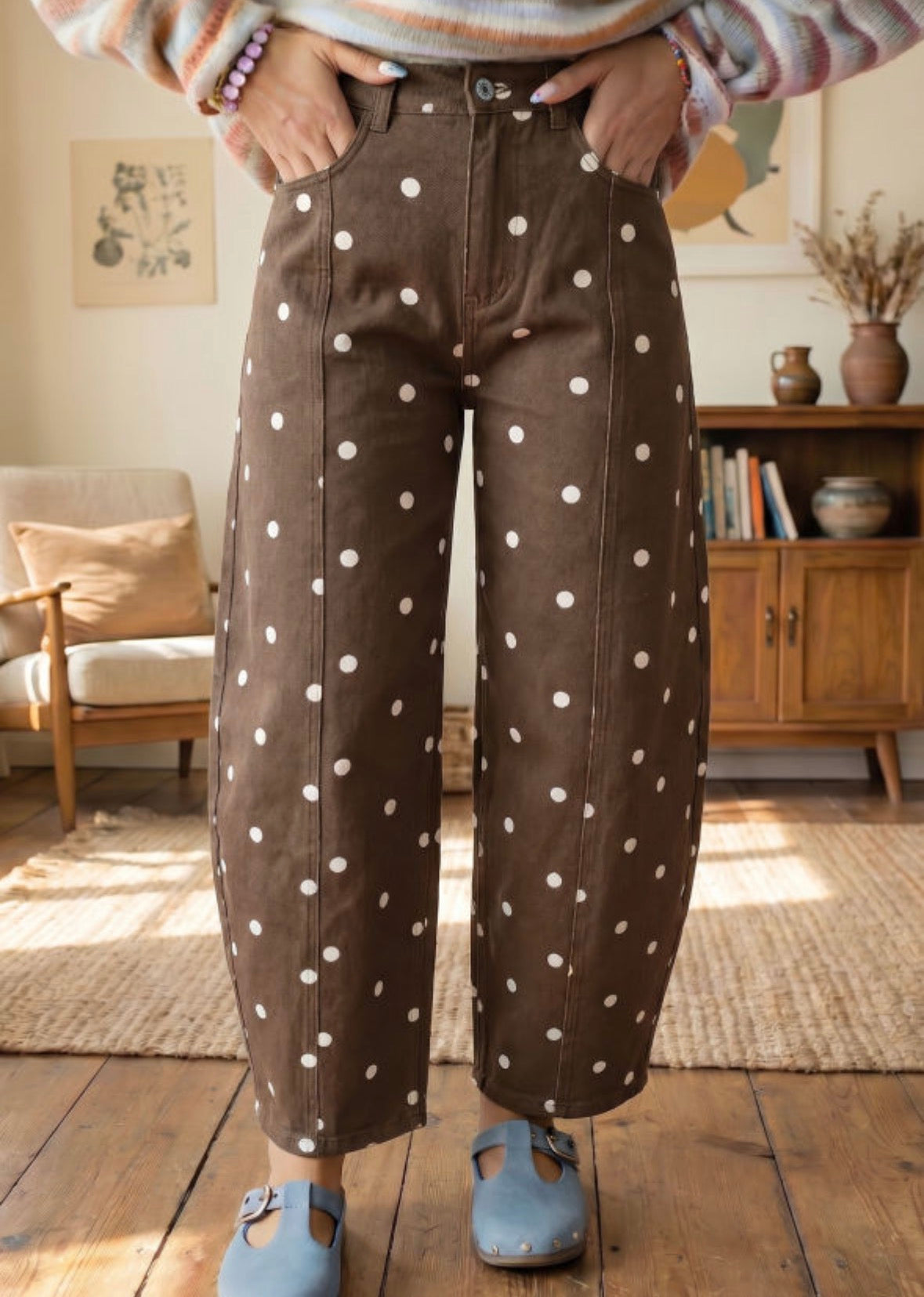 Brown polka dot barrel jeans