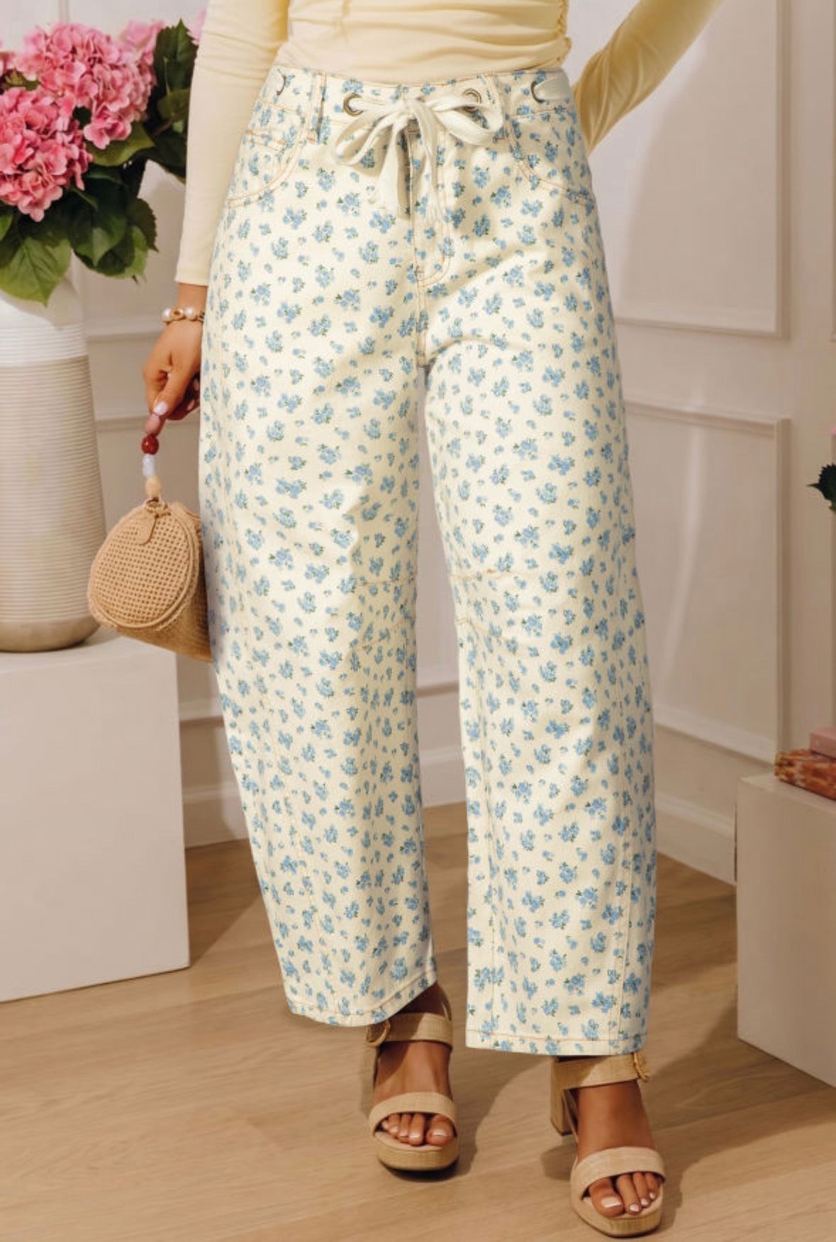 White floral barrel cut jeans