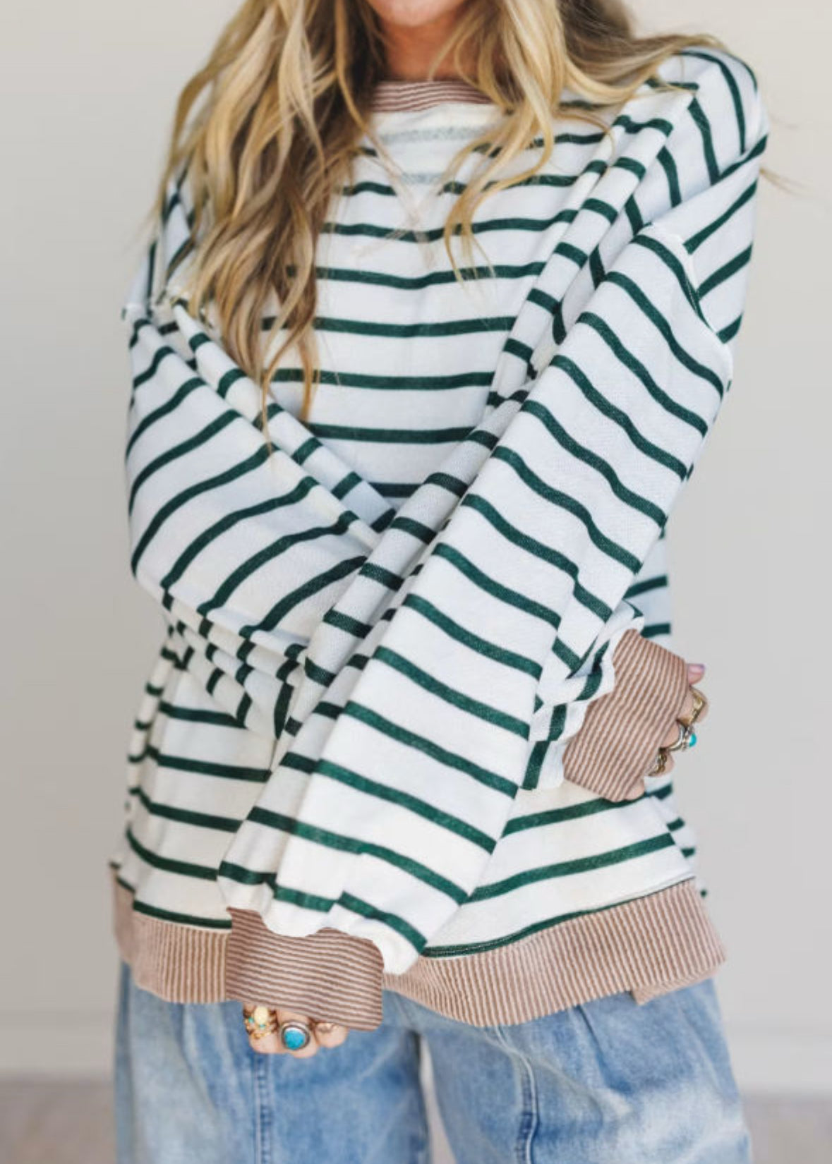 Turquoise stripe textured cuff sweatshirt