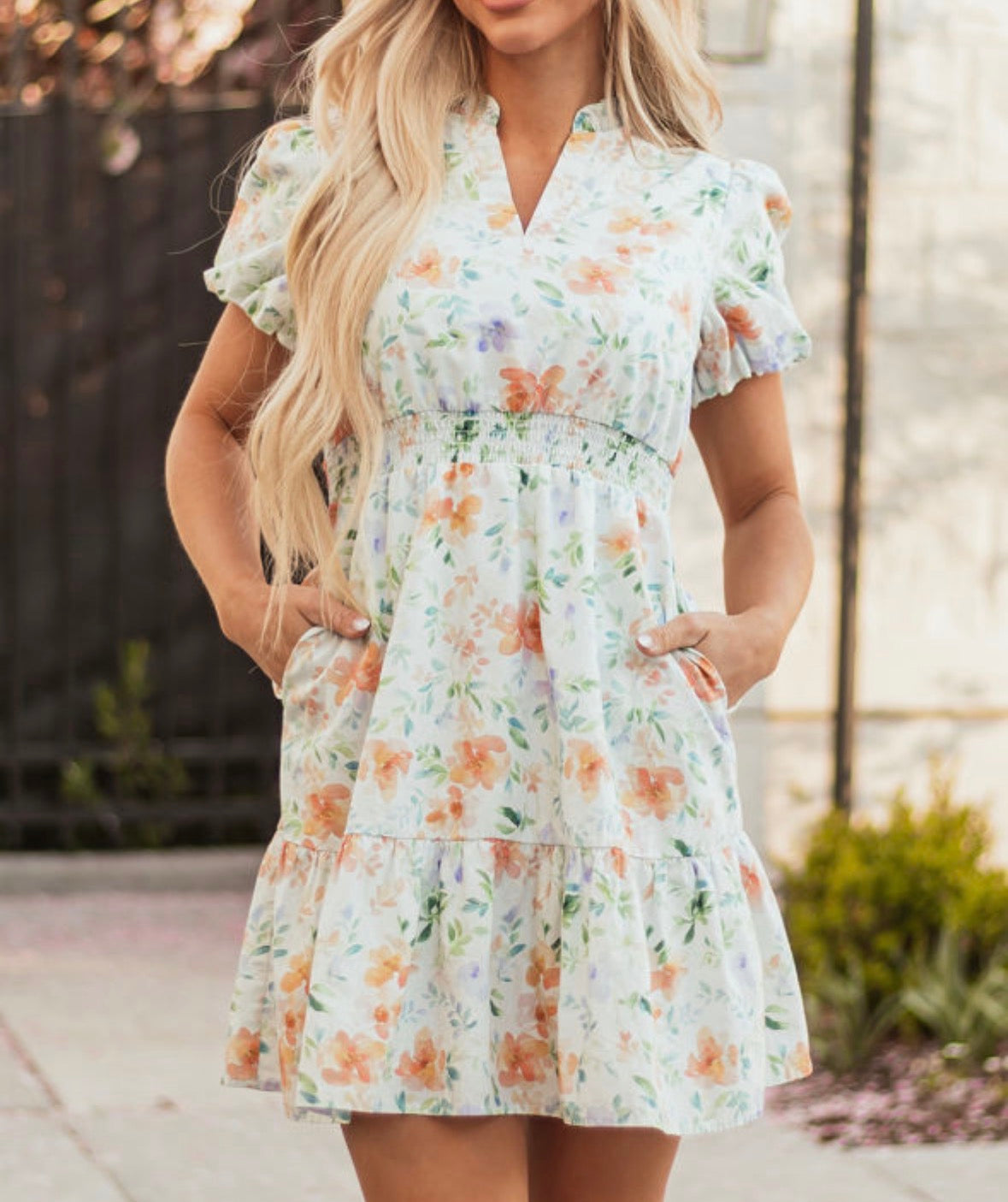 White floral tea length dress