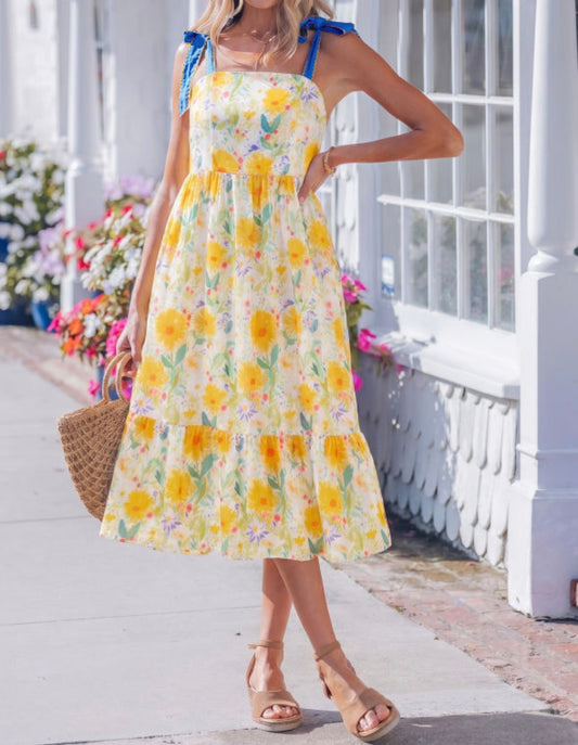 Yellow floral midi dress with blue bow ties