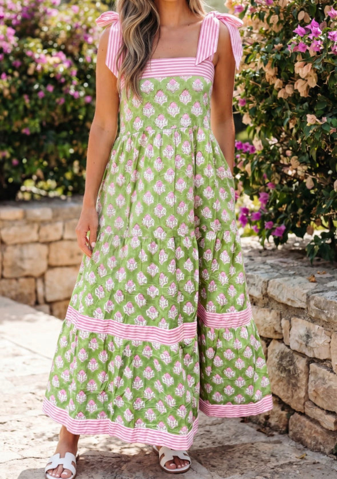 Pink/green dress with striped bow ties