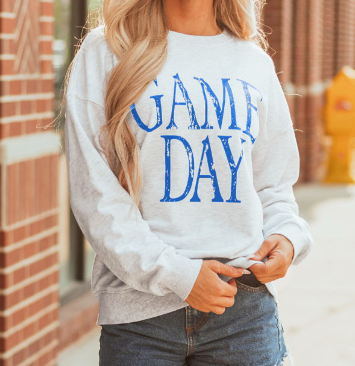 Gray game day blue lettering sweatshirt