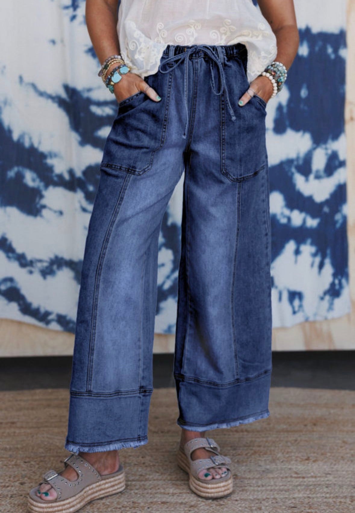Dark wide leg elastic waist denim