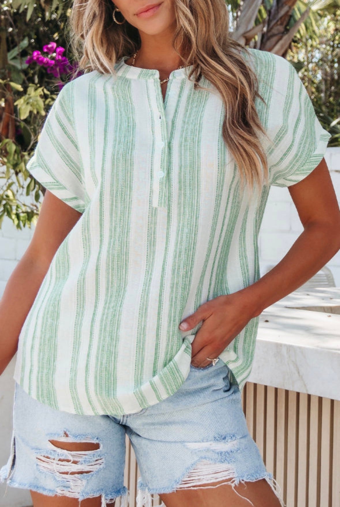 Green vertical stripe linen like cap sleeve
