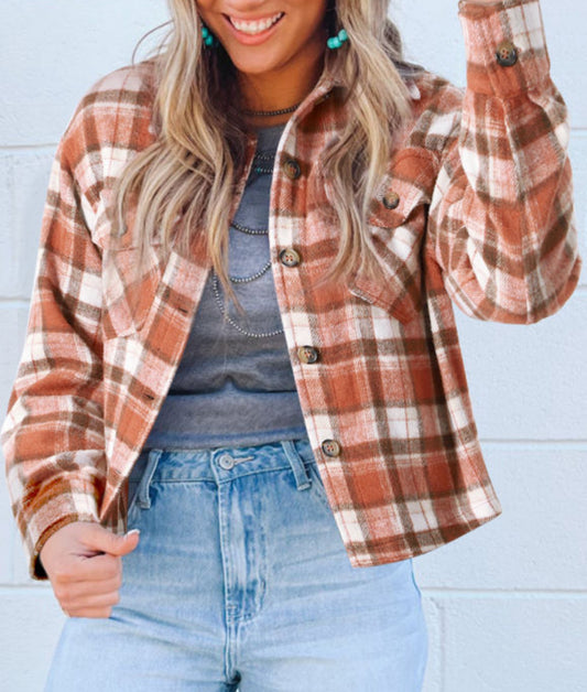 Short orange plaid shacket